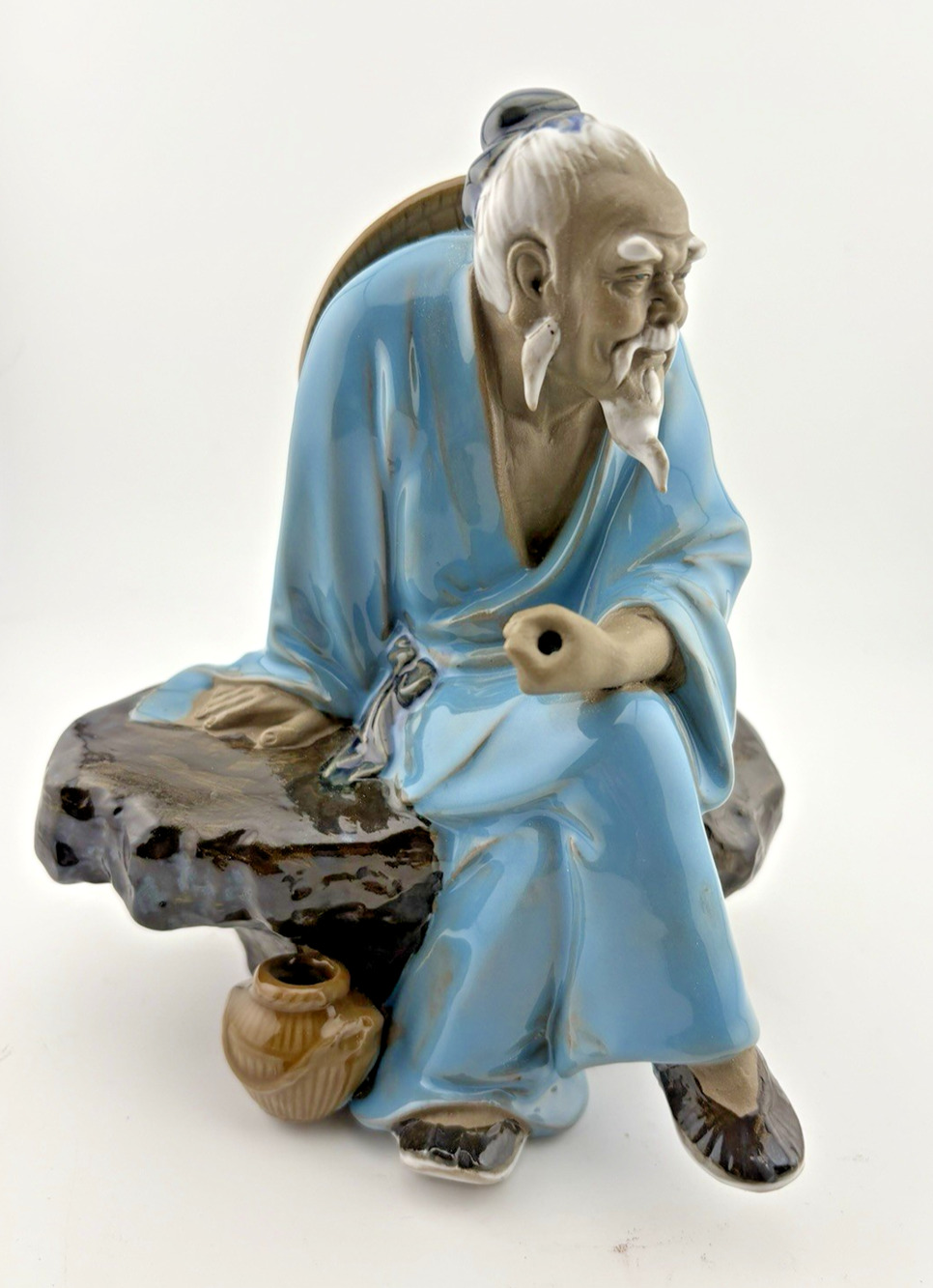 Vintage Mudman Figurine Fisherman with basket Saiwan Pottery Blue Moody Detailed